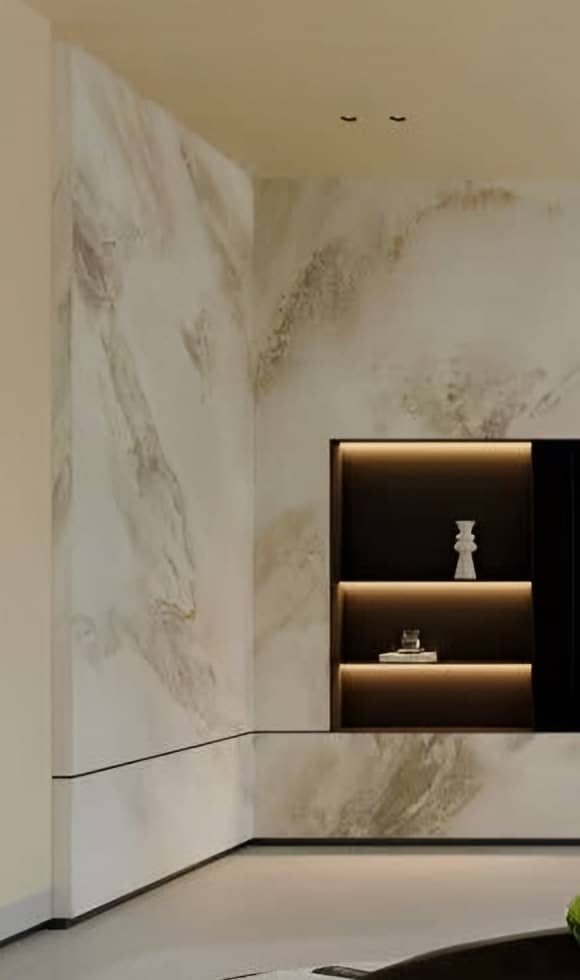 Veined marble wall panel with a lit display niche