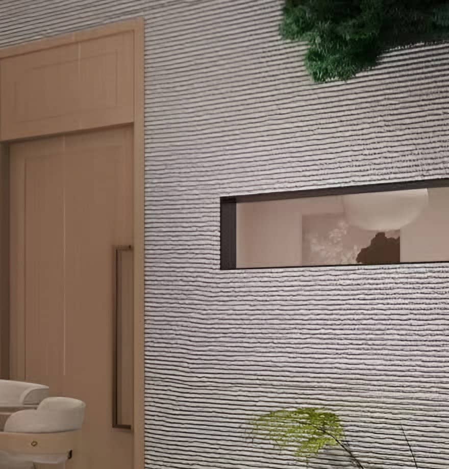 Horizontally textured plaster wall with an inset window and timber door