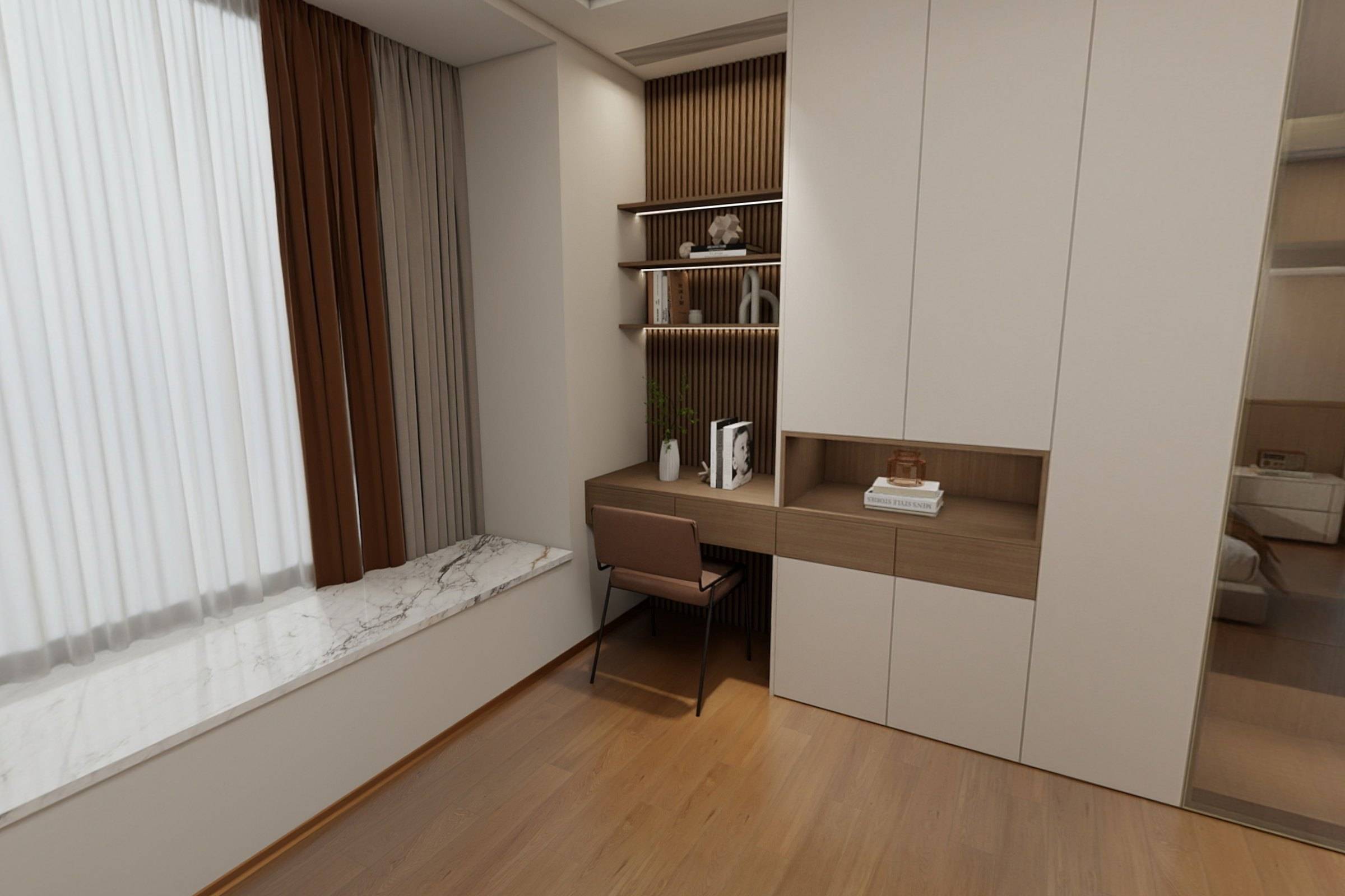 Bedroom study wall with a built-in desk, fluted timber panelling and integrated wardrobe