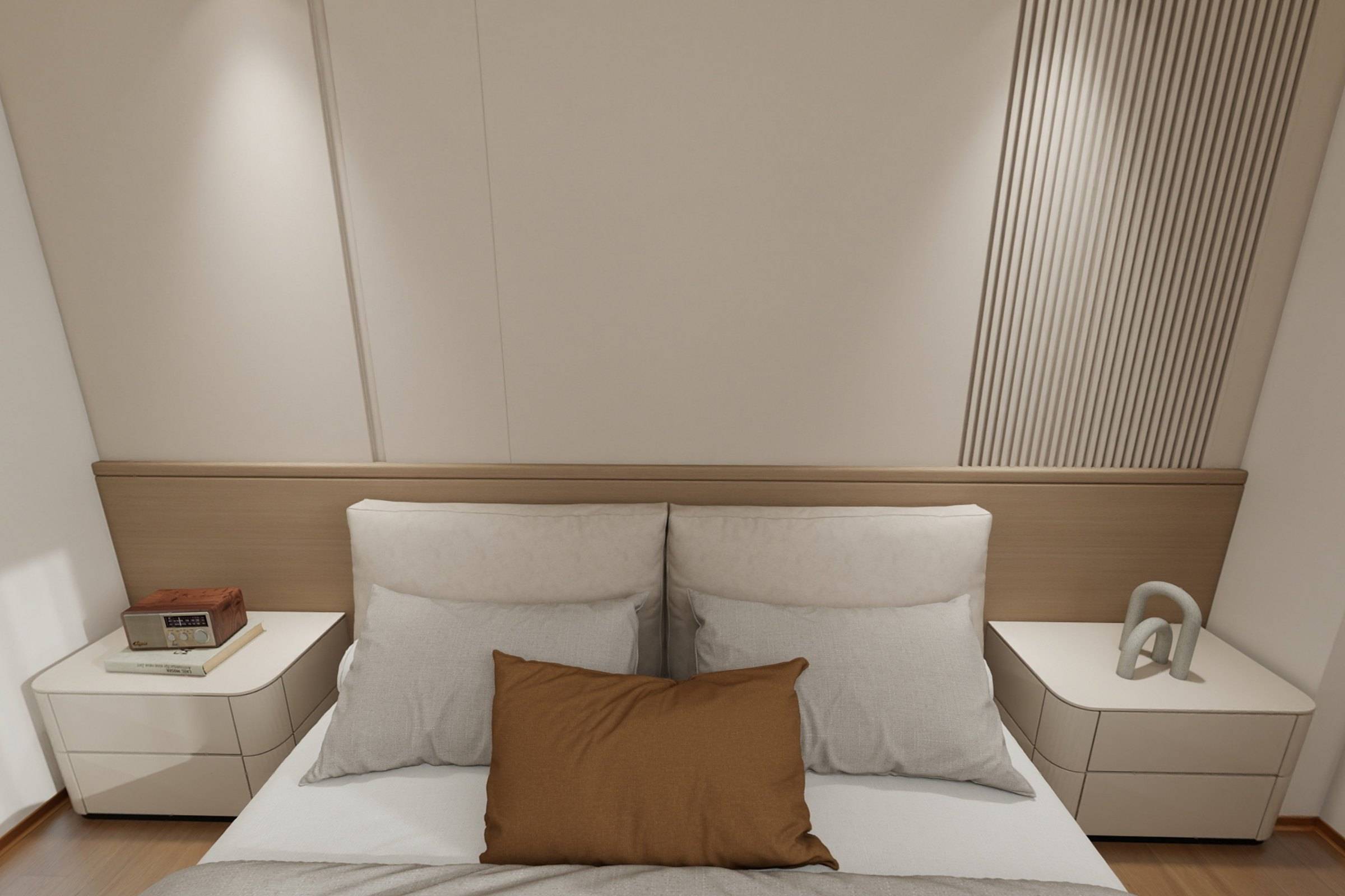 Bedroom with an upholstered bed, floating bedside tables and a fluted timber wall panel