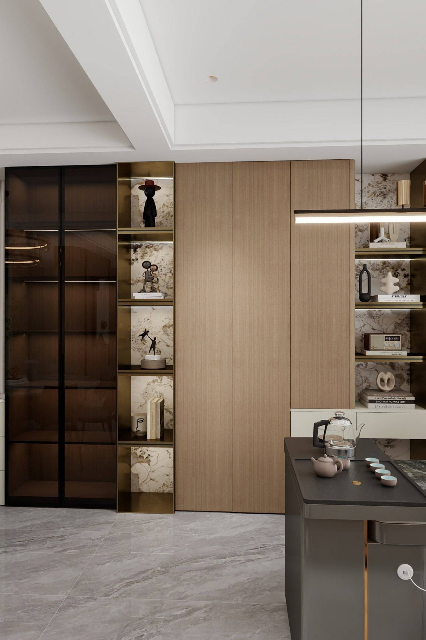 Floor-to-ceiling display cabinetry with dark glass doors, bronze-tone framing and lit timber shelving