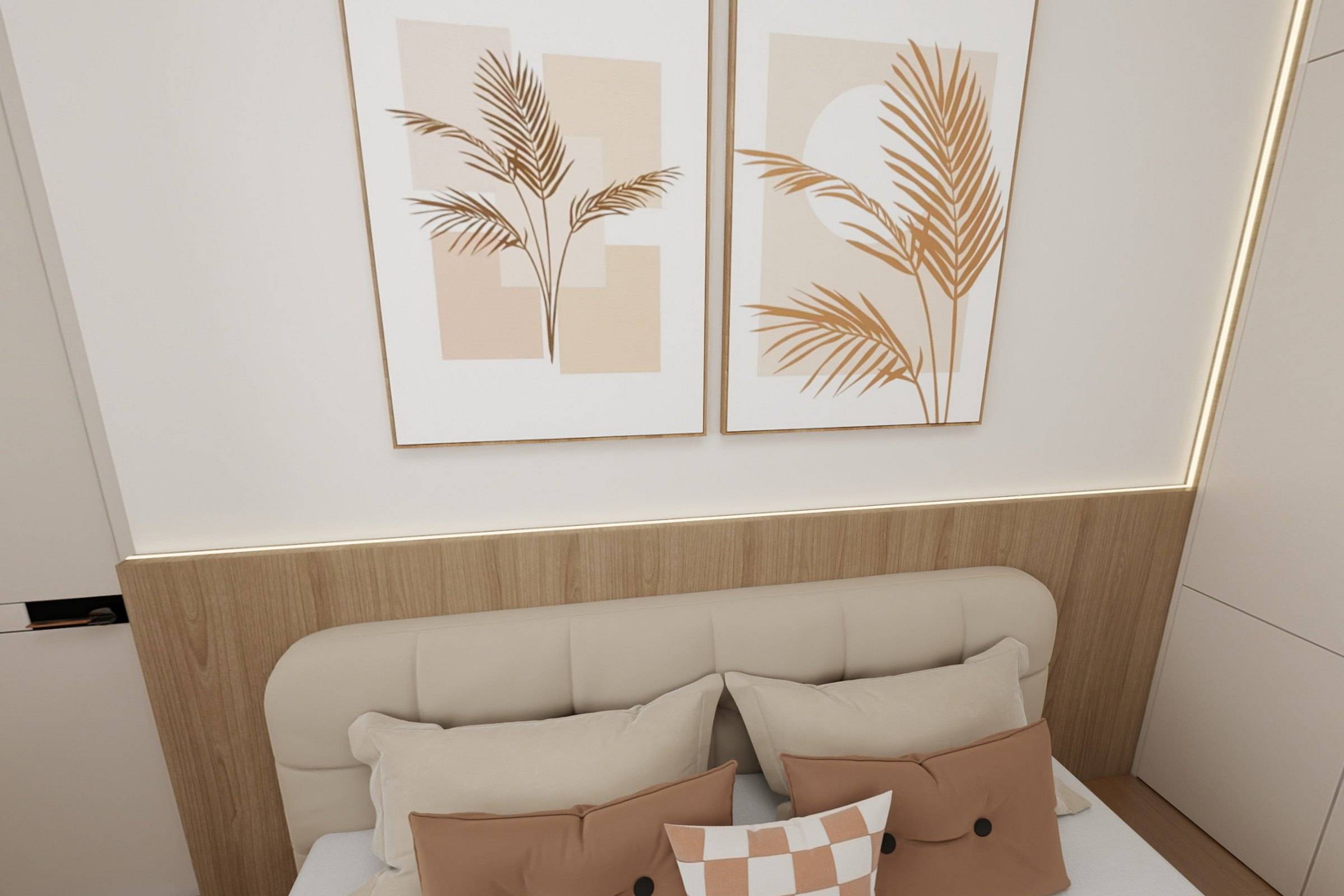 Guest bedroom with an upholstered bed, timber wainscot and softly lit wall recess