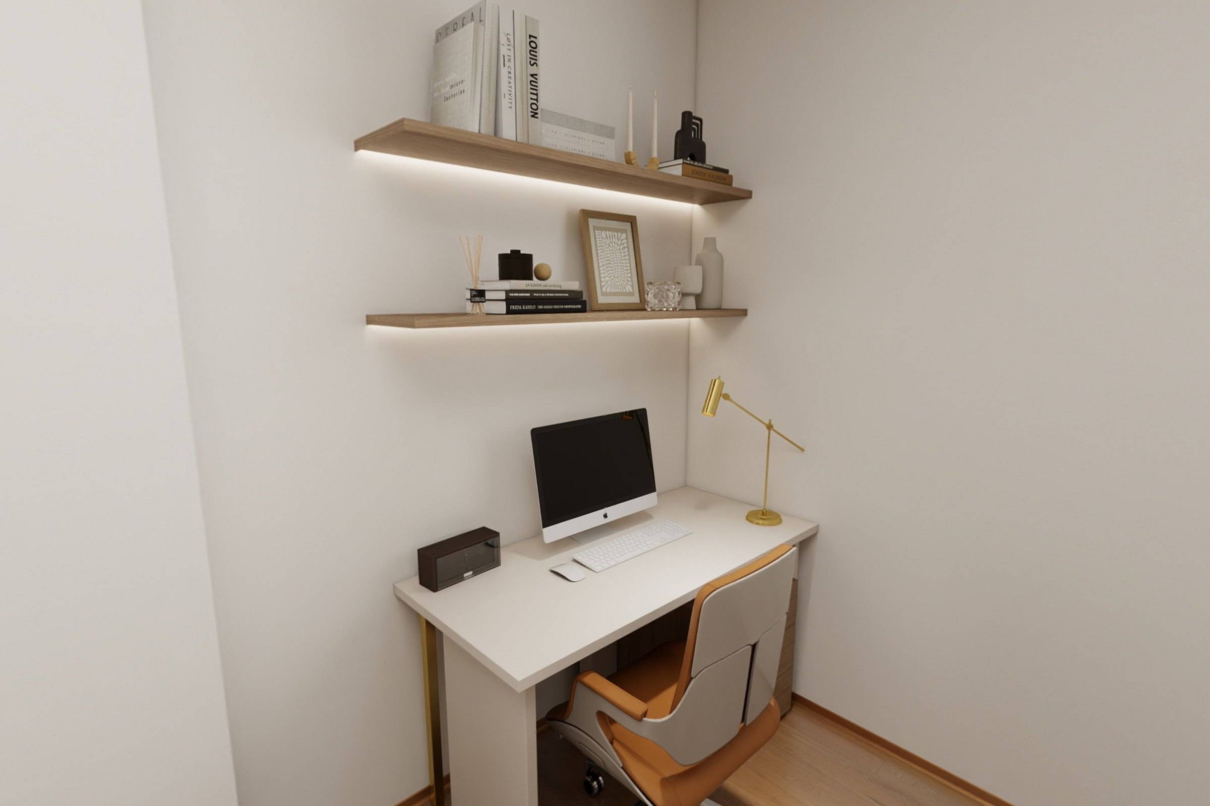 Compact study corner with a floating desk and timber shelves lit from beneath