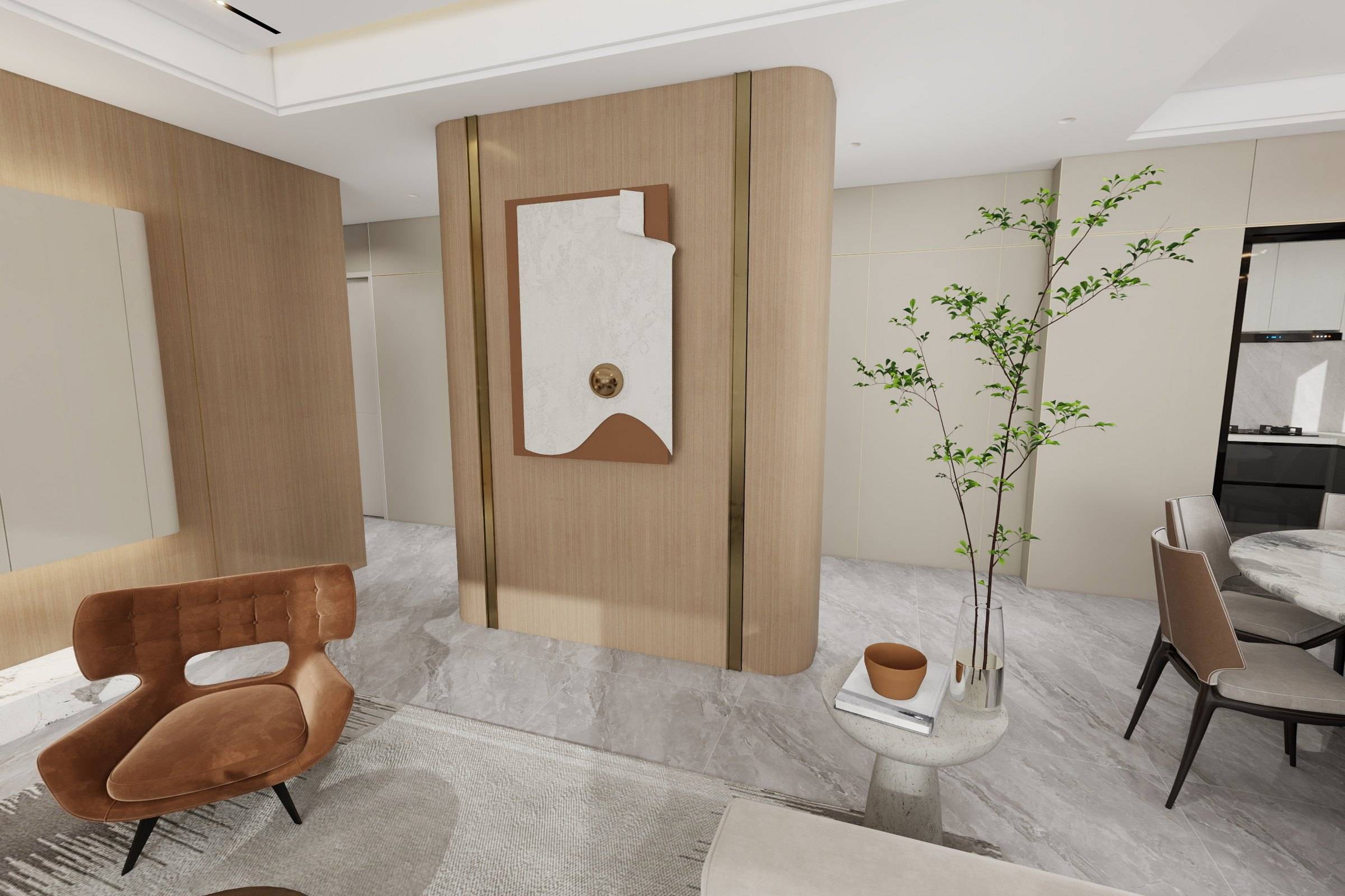 Living room with a curved timber-clad feature wall, sculptural wall piece and a cognac leather lounge chair