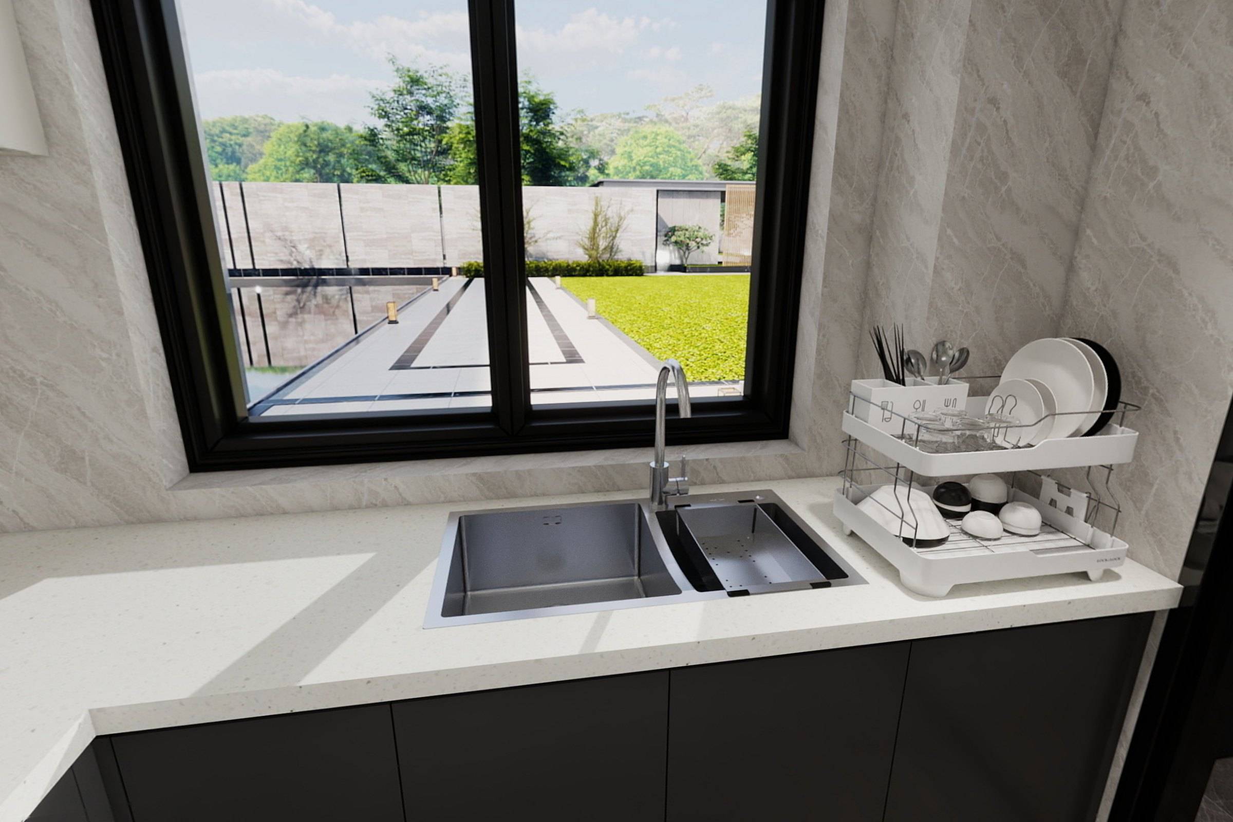 Minimal kitchen with a pale stone worktop, stone-clad walls and a window onto the garden