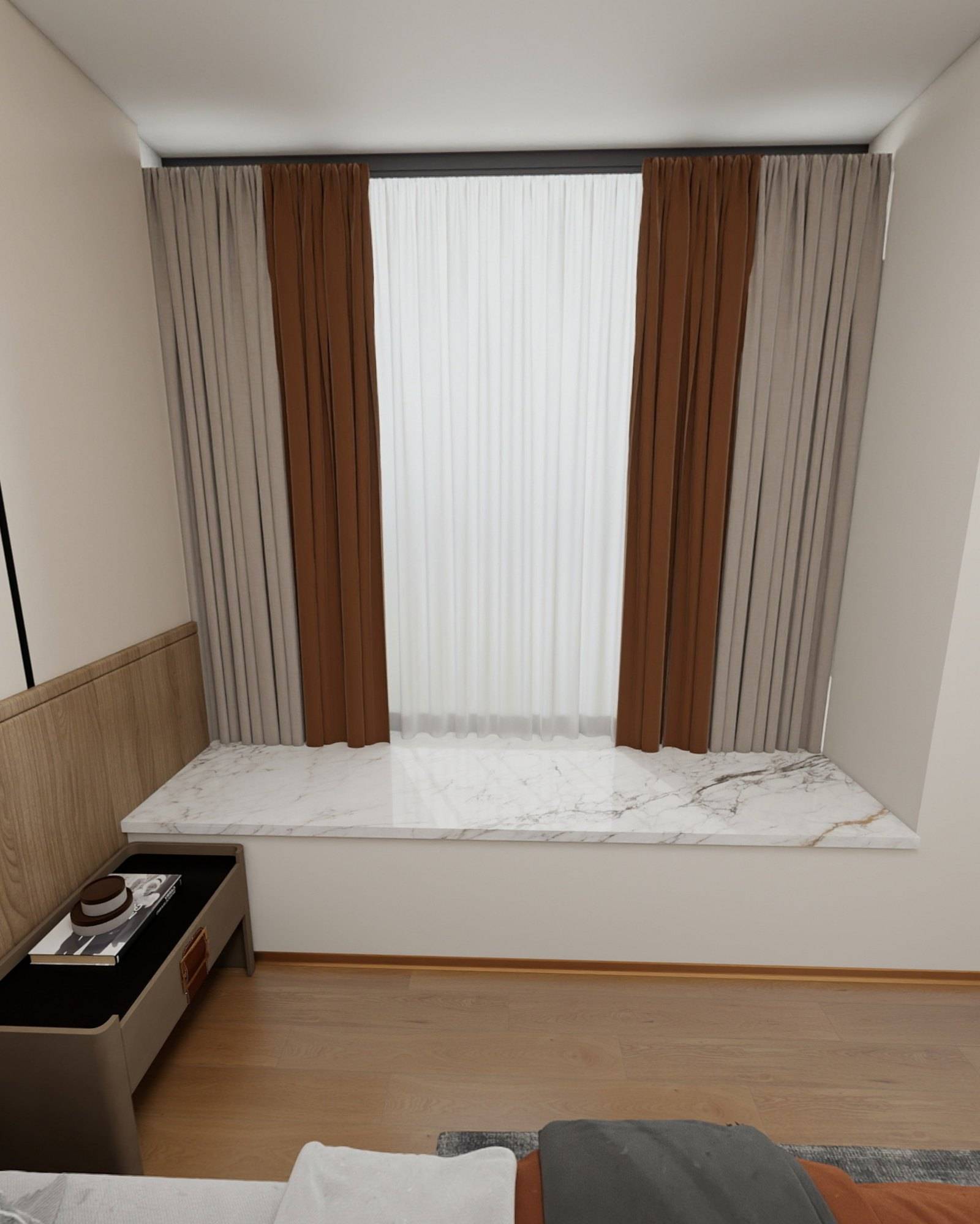 Principal bedroom window seat with a stone ledge and layered curtains