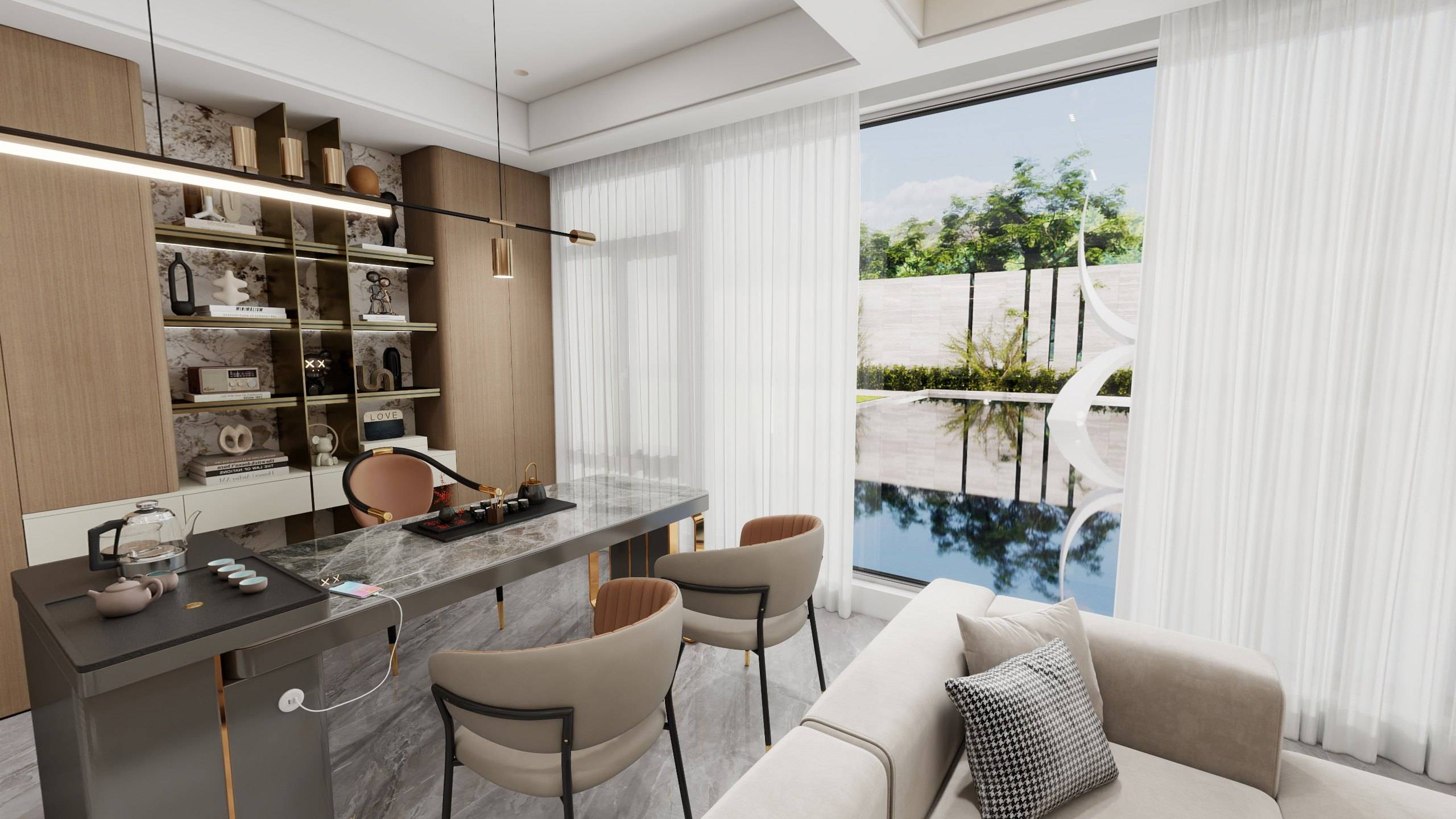 Stone-topped island table with upholstered chairs, lit display shelving and full-height glazing onto a garden pool