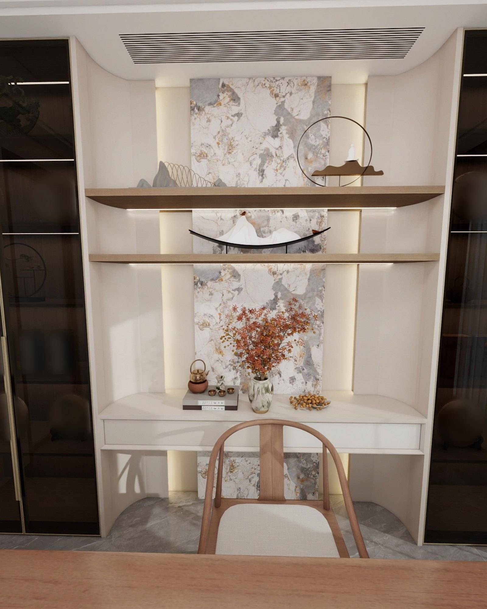 Tea room with backlit open shelving, a veined stone panel and a round-backed timber chair
