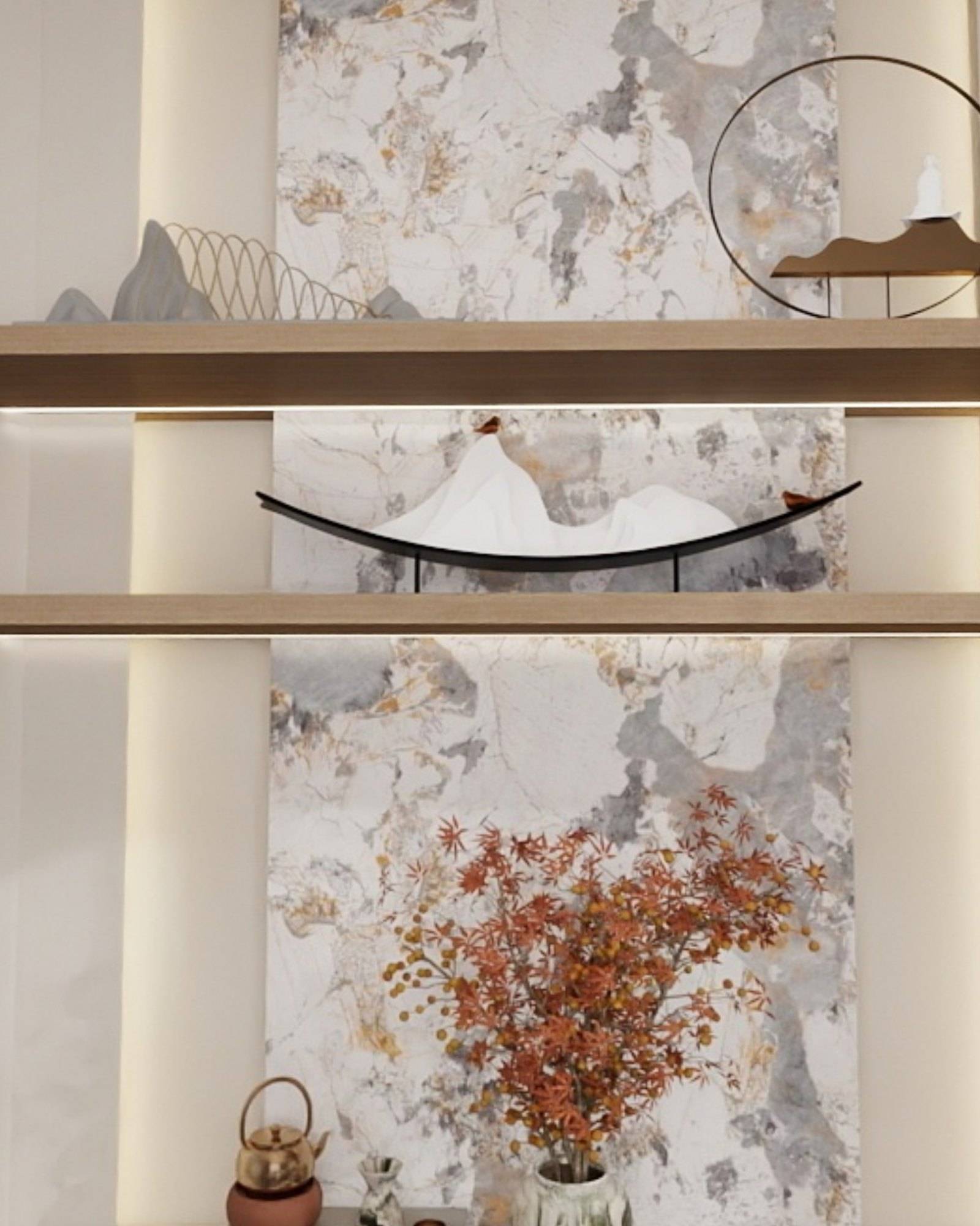 Detail of timber shelving with concealed lighting against a veined stone panel