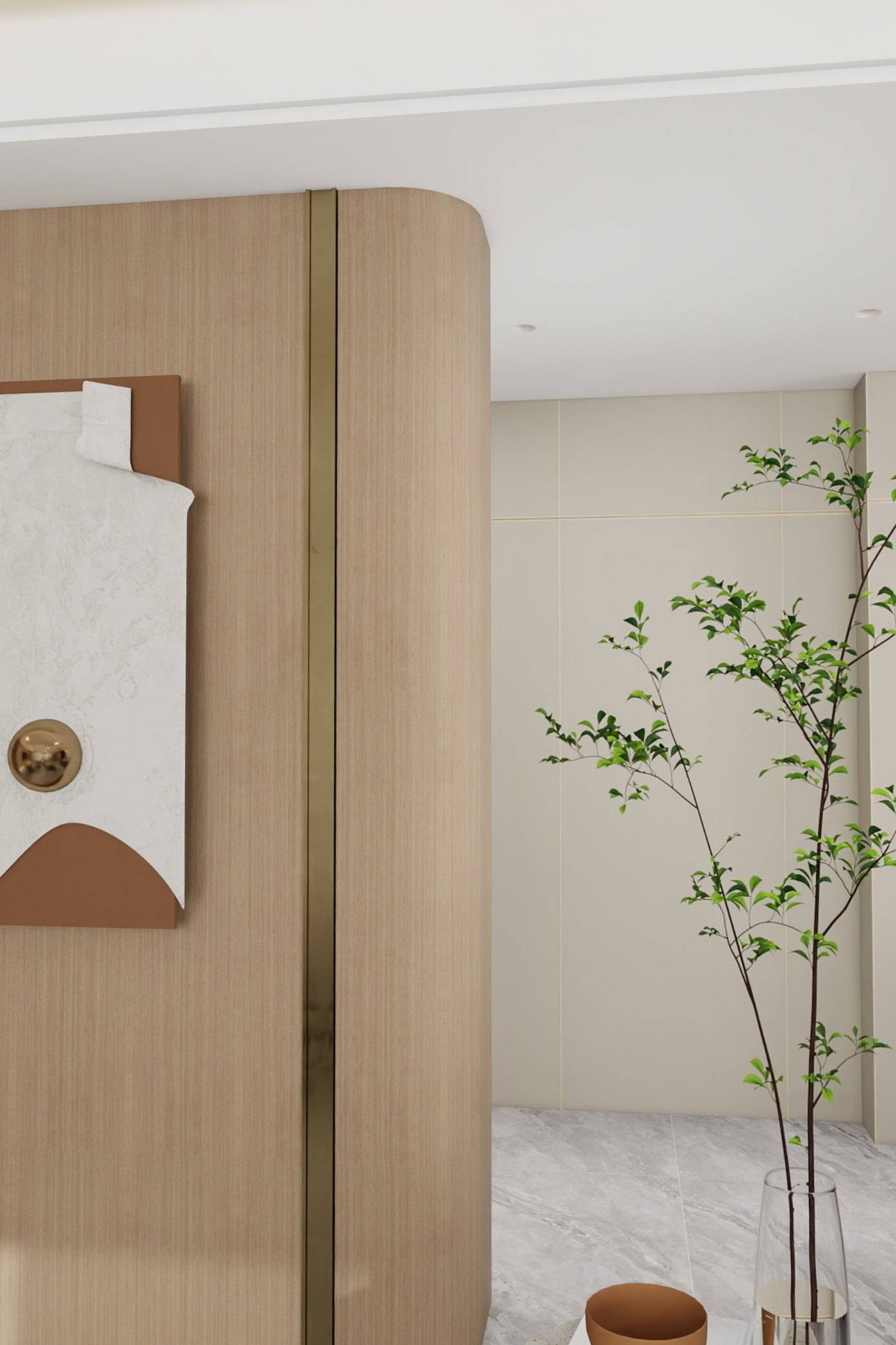 Timber-clad feature panel with a rounded edge and a slender bronze-tone inlay