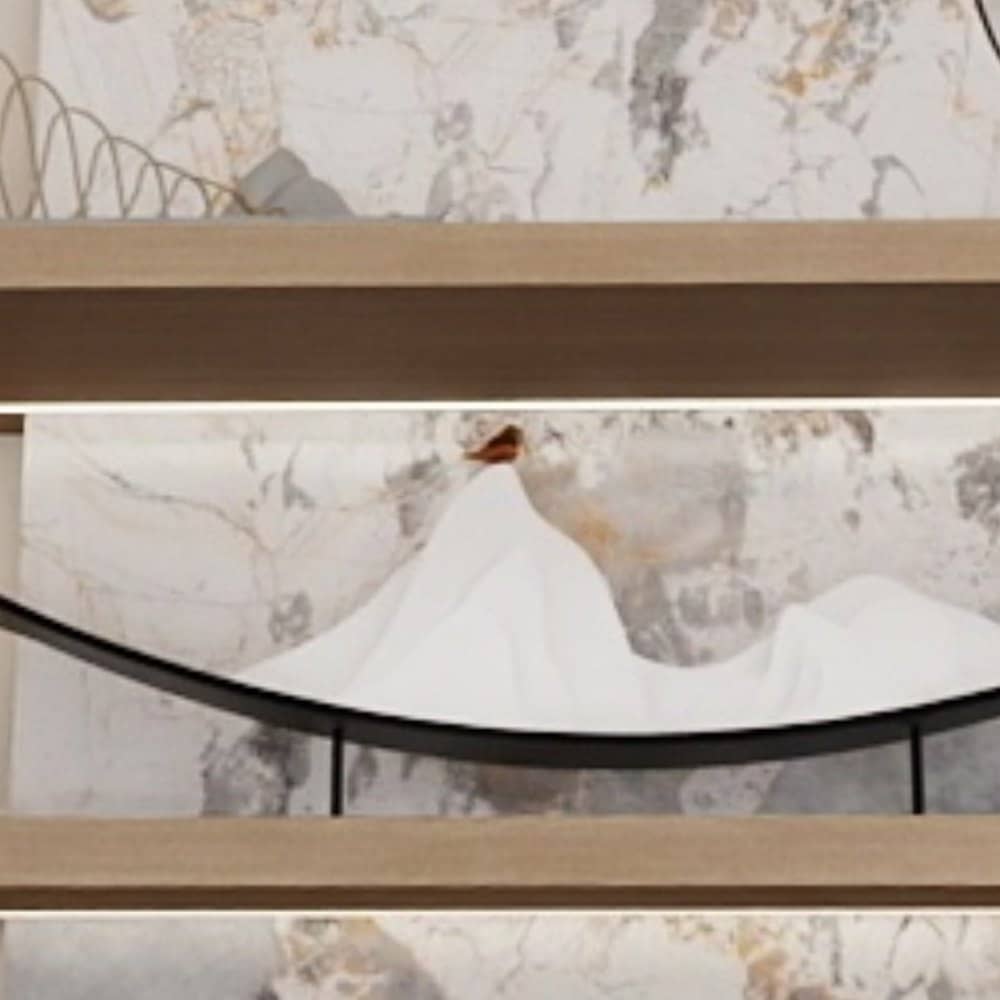Close view of a veined stone panel behind timber shelving