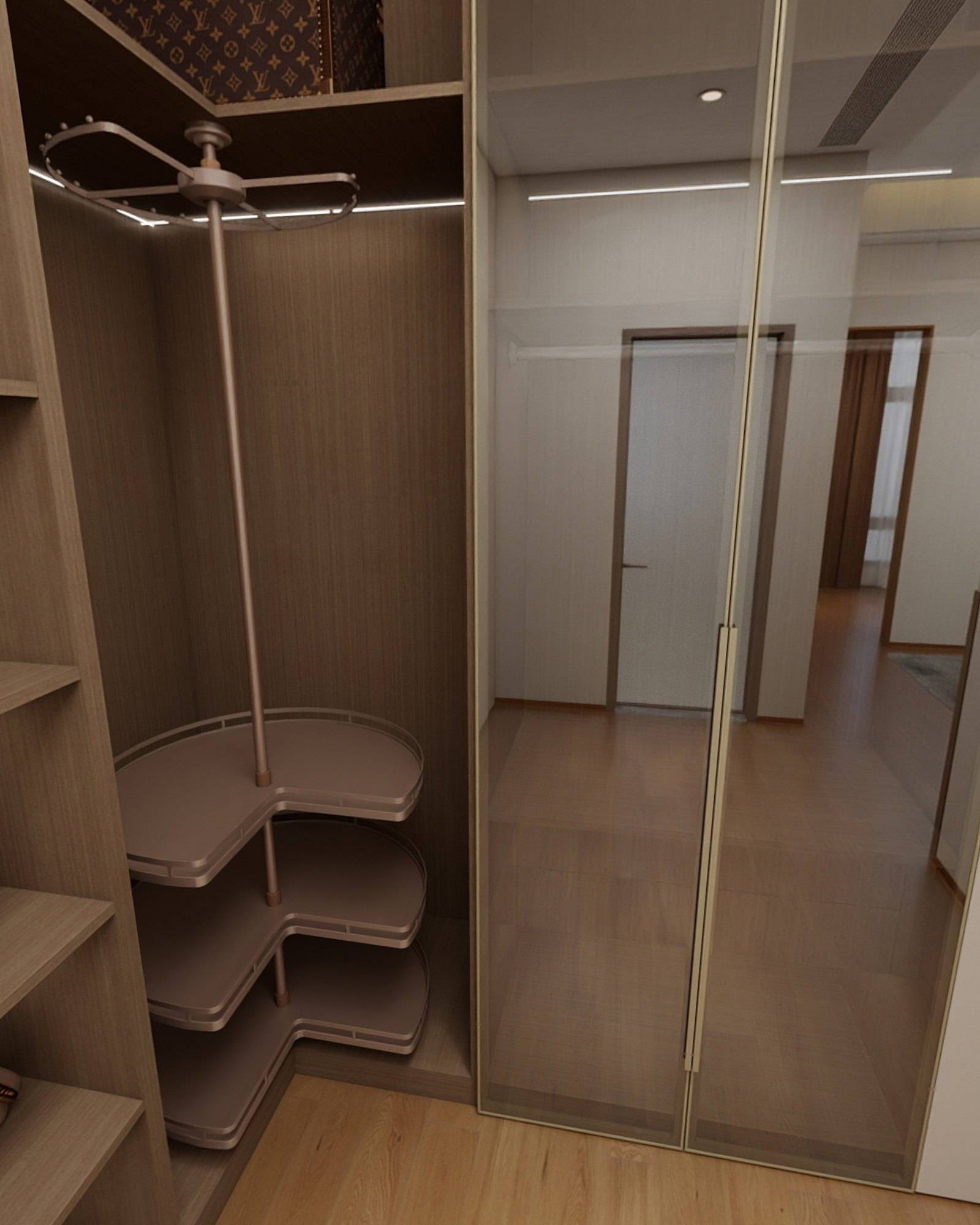 Walk-in wardrobe with open timber shelving, curved corner storage and glass-fronted cabinetry