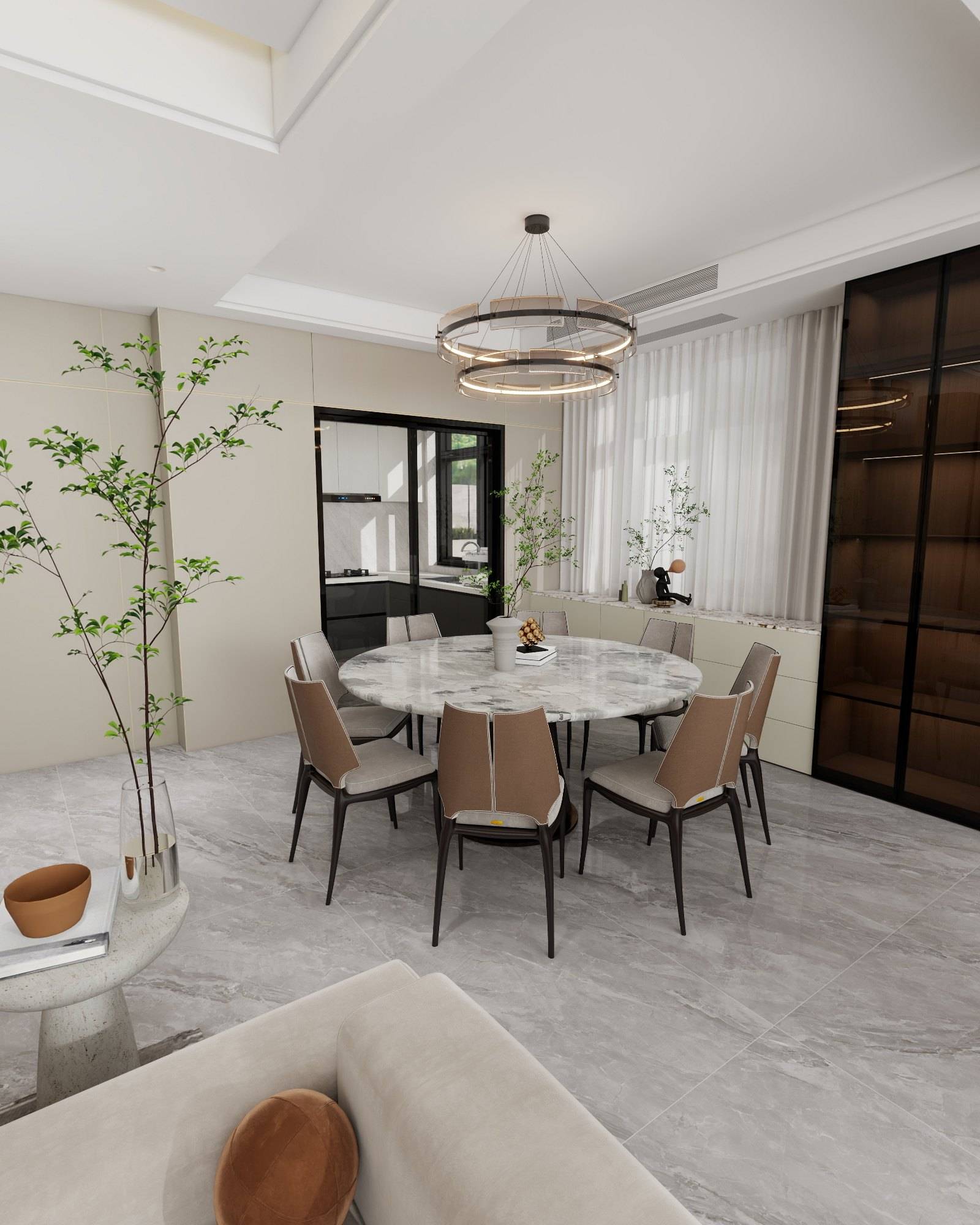 Dining room seen between a timber-clad wall and a potted tree, with a round marble table and ring pendant