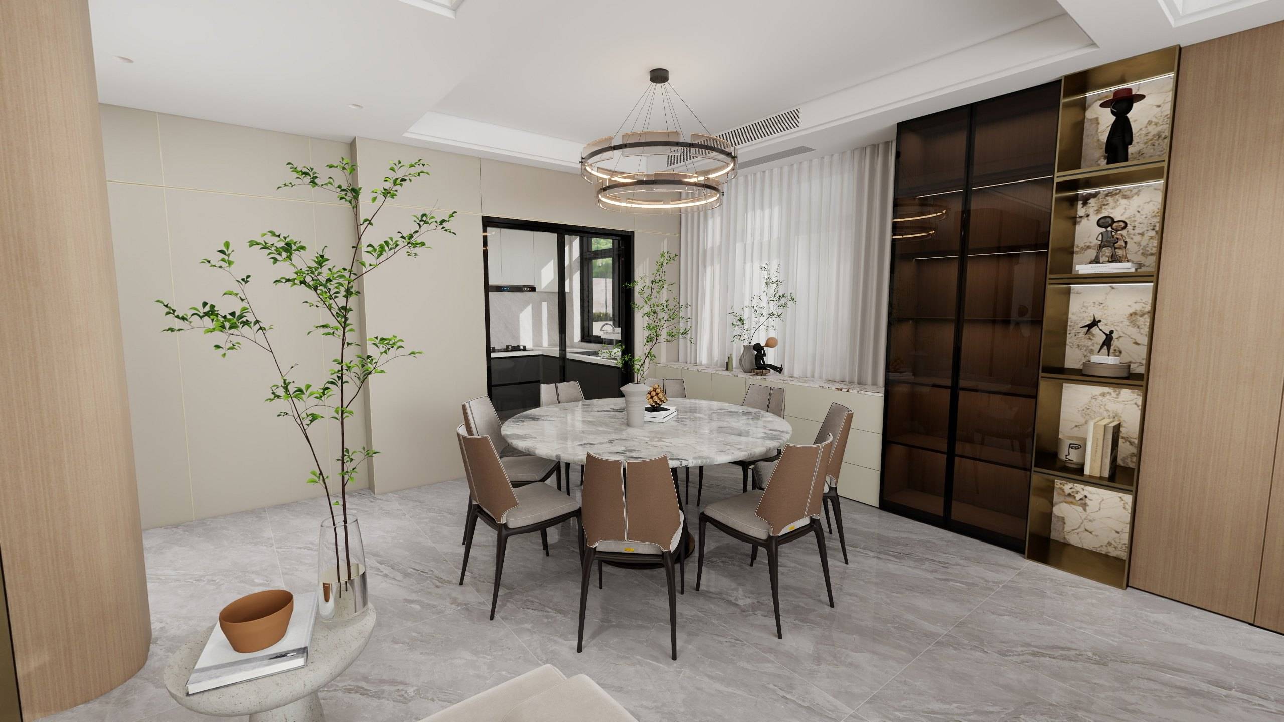 Open-plan dining room with a round marble table, leather dining chairs and a layered ring pendant beneath a softly lit coffered ceiling