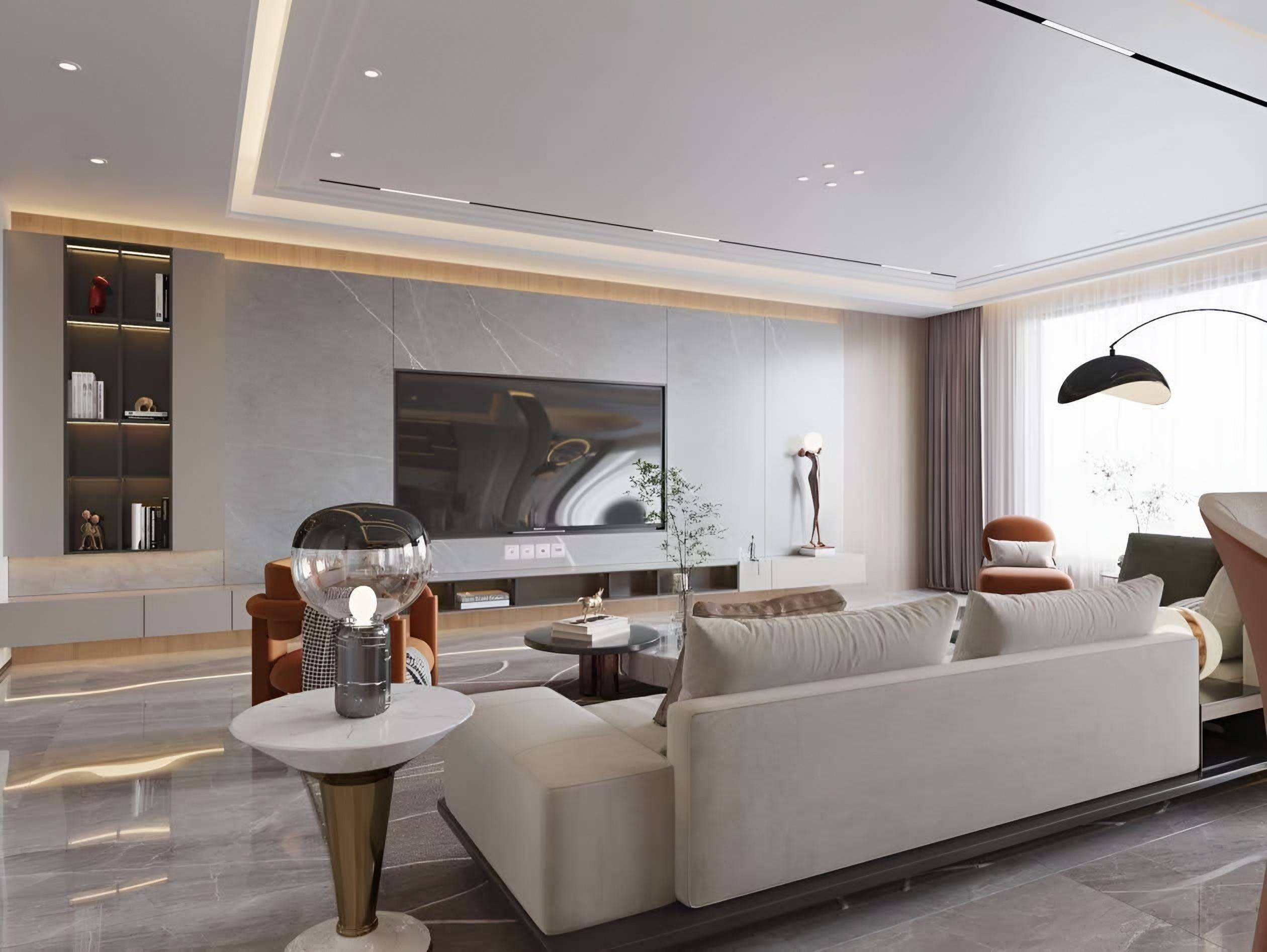 Grey veined marble media wall with a lit display niche, low cabinetry and a timber cove light above