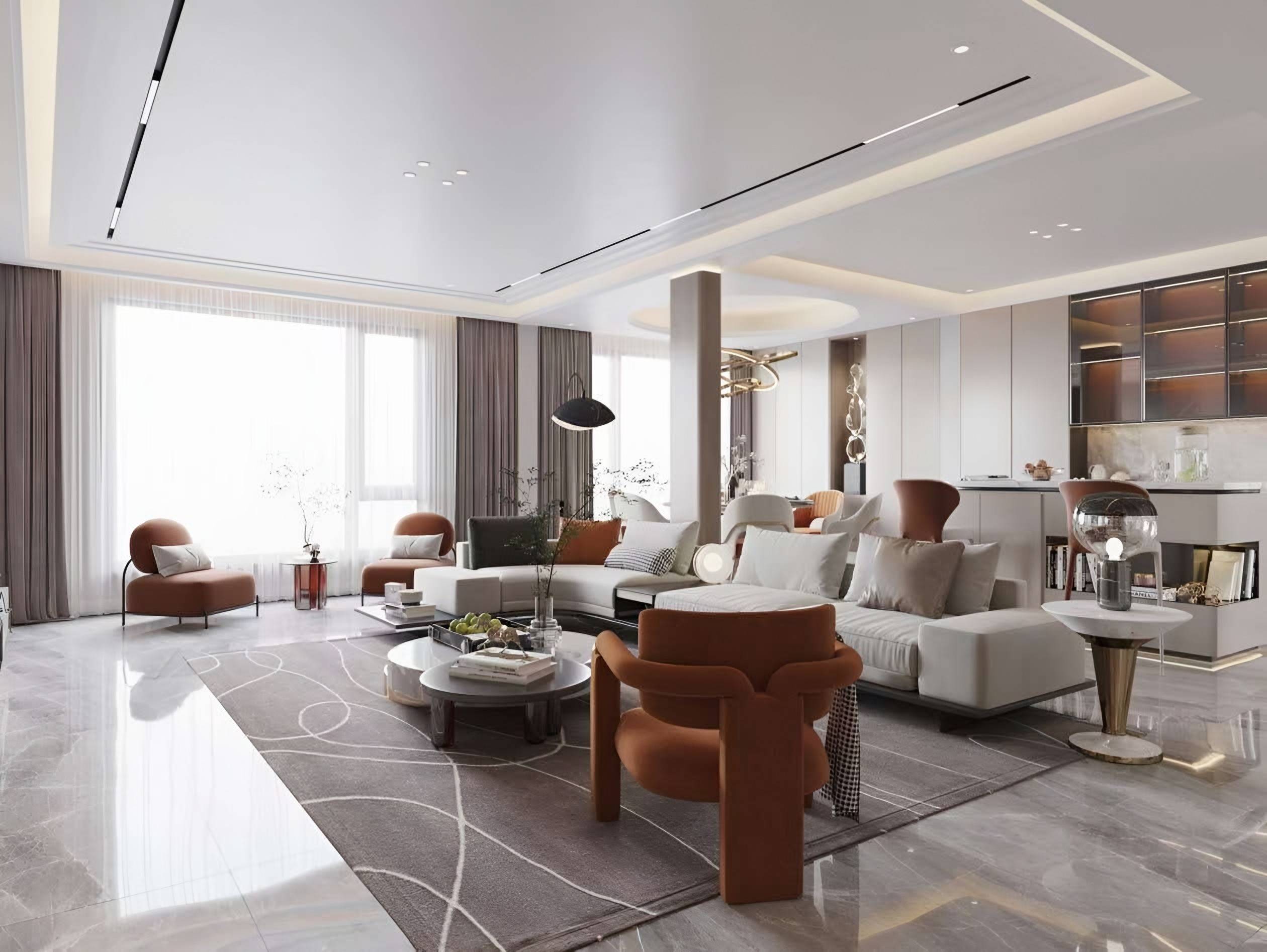 Living room with terracotta lounge chairs, a low white sofa and a patterned rug on polished marble floors, framed by sheer curtains