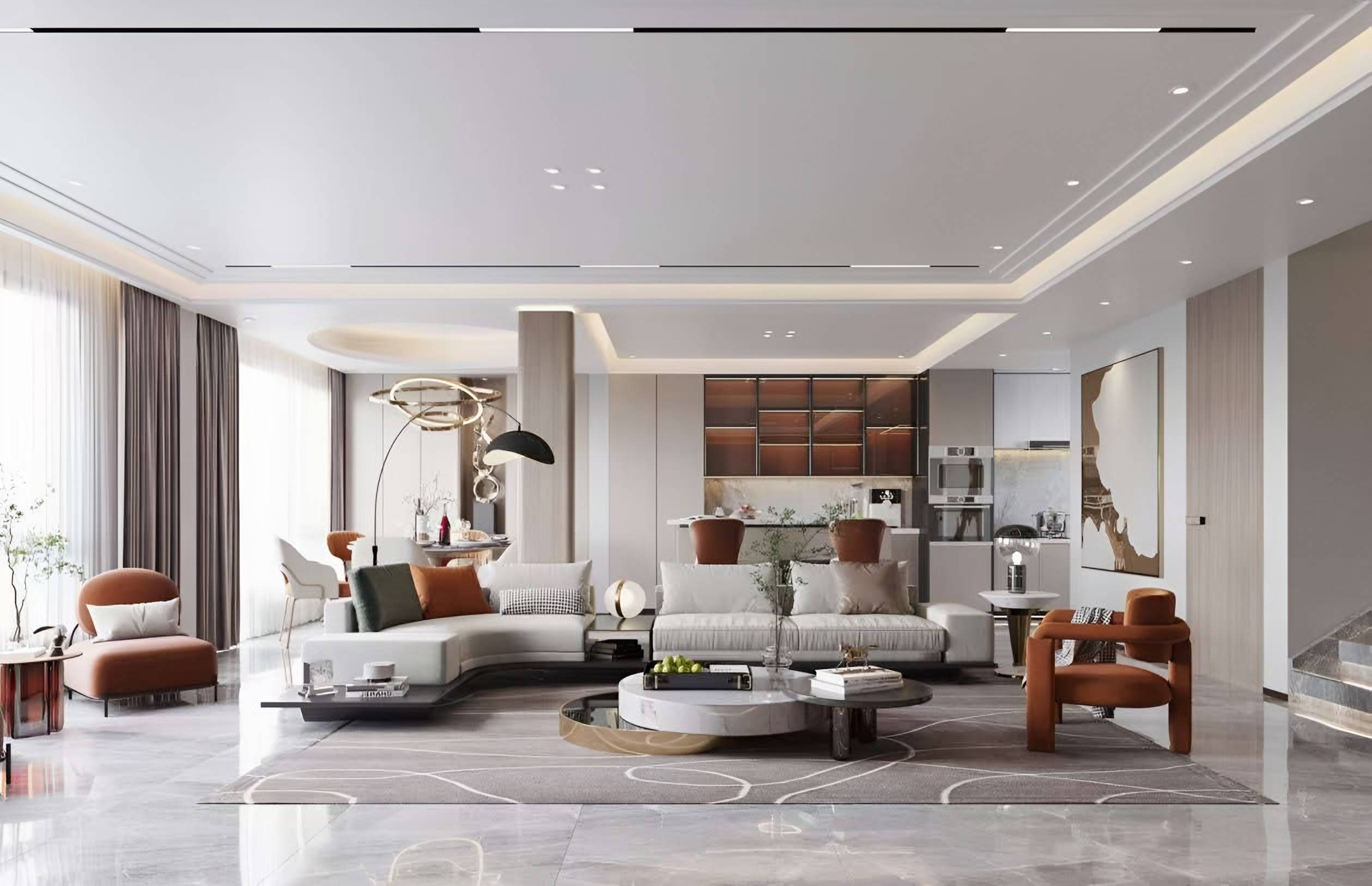 Open-plan living room with a curved white modular sofa, terracotta armchairs, a nested stone coffee table and dark-glass display cabinetry beyond