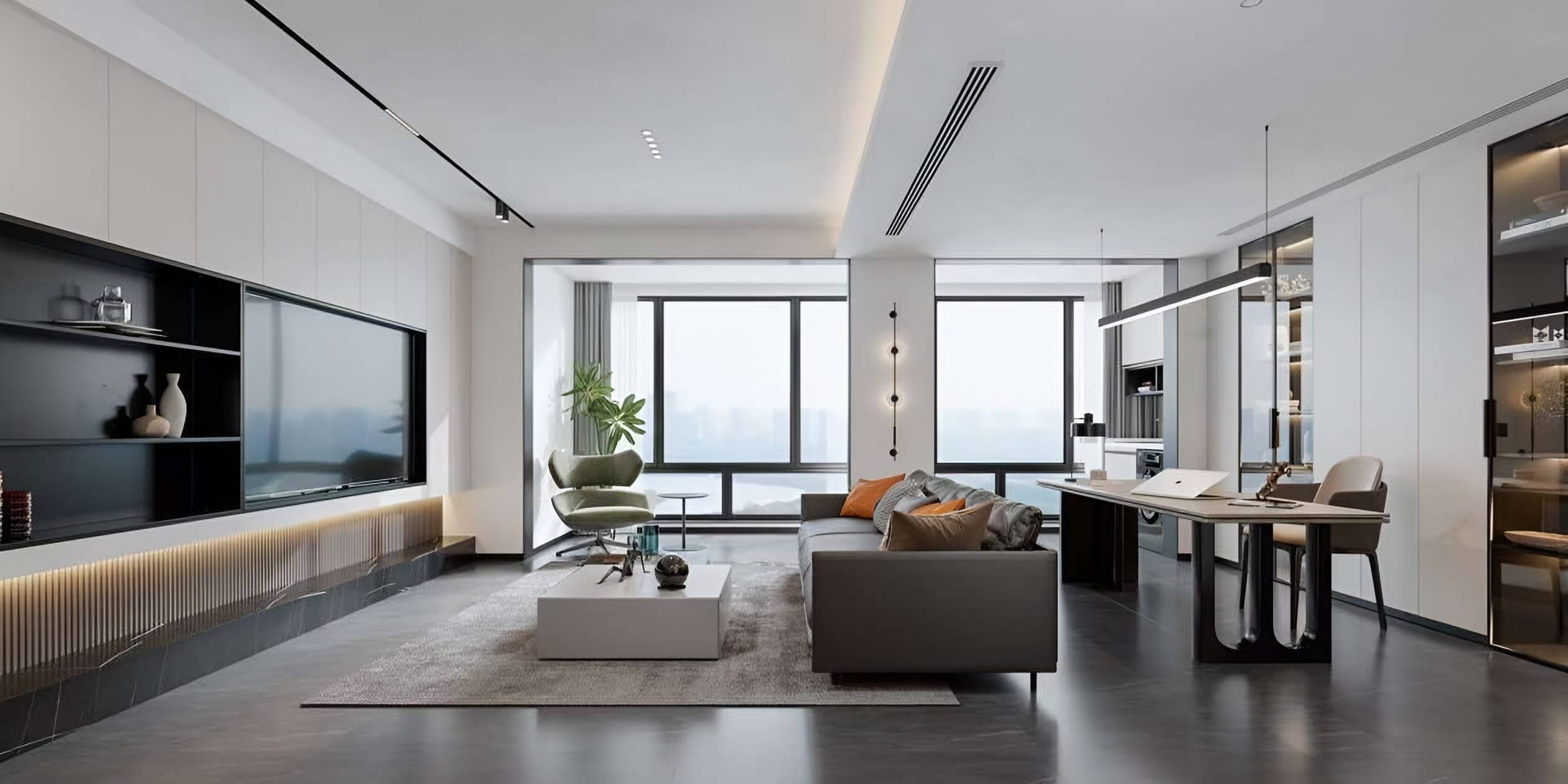Living room with a black-framed media wall, grey sofa, a work desk and full-height windows onto the city