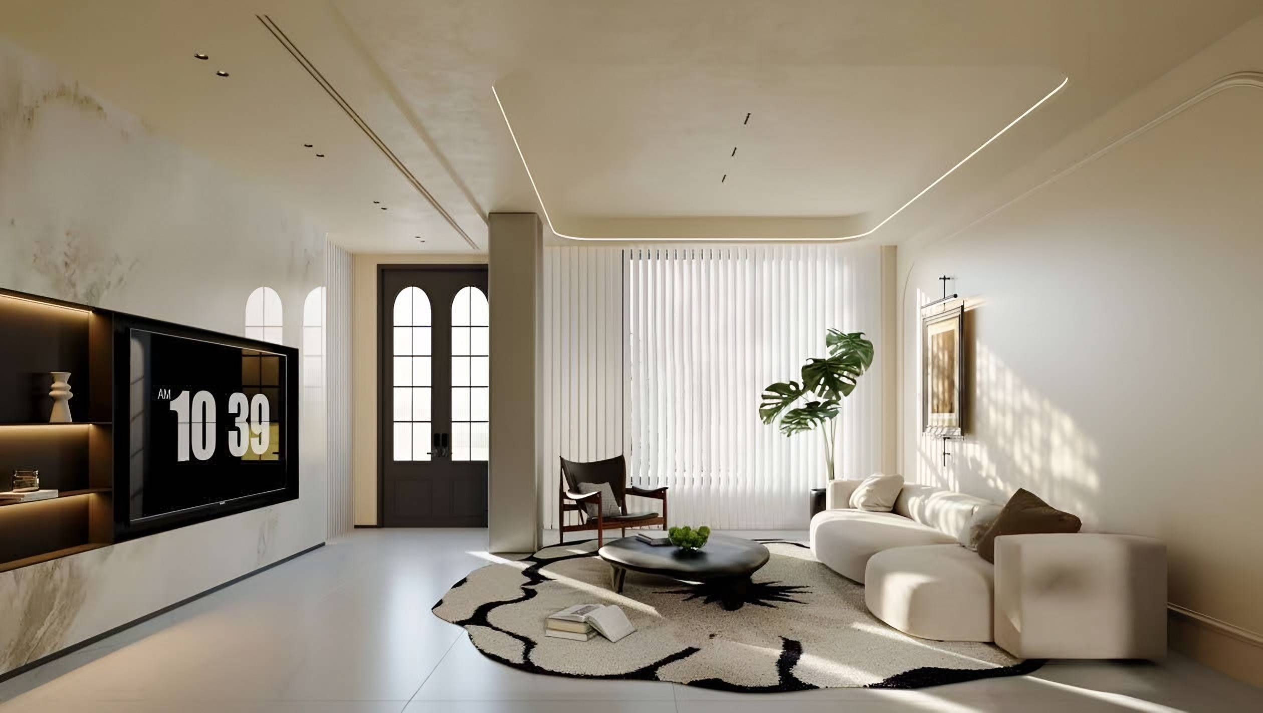 Living room with arched double doors, a marble-clad media wall with lit shelving and a curved sofa