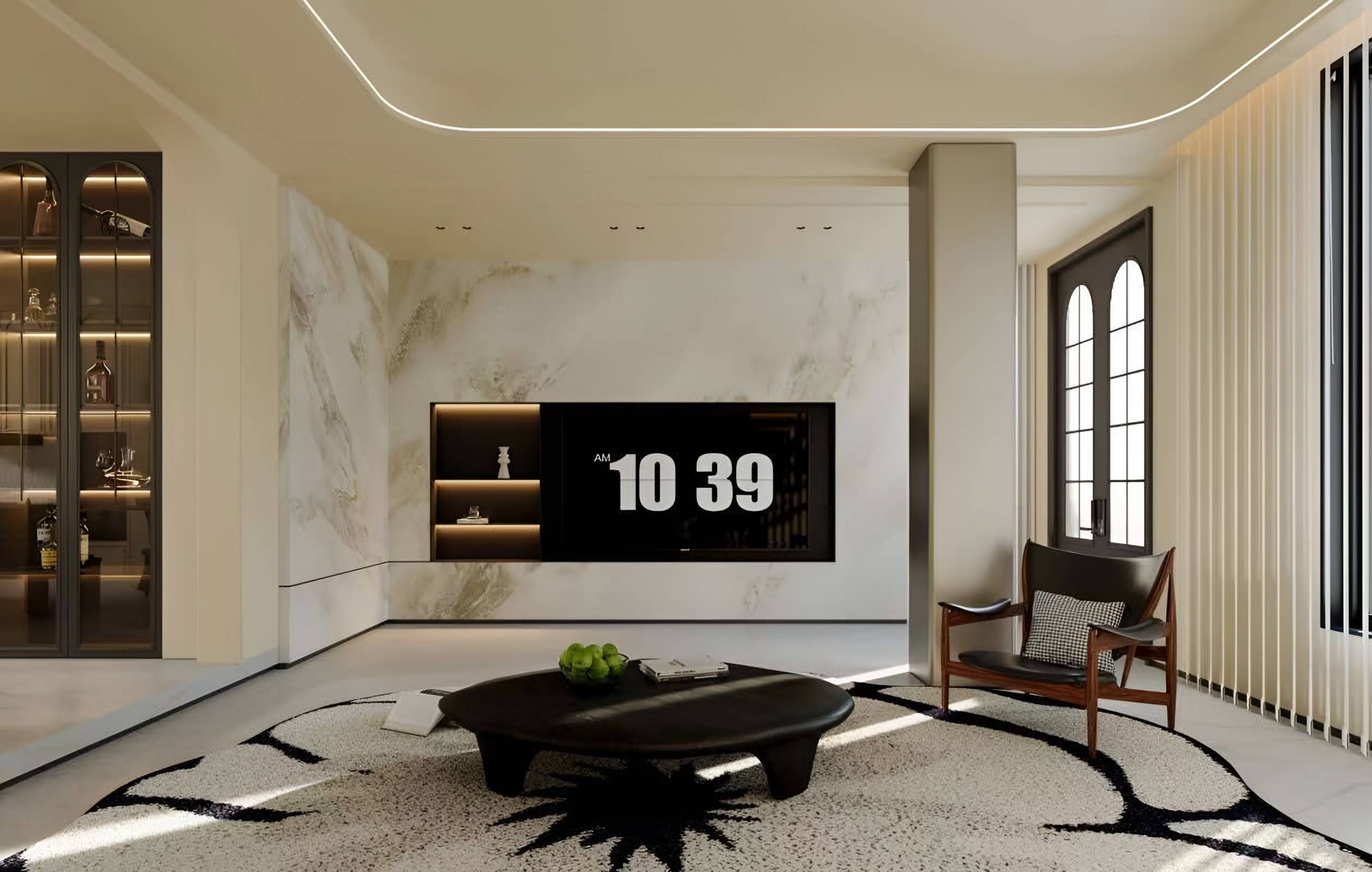 Veined marble media wall with a lit display niche, a timber lounge chair and an arched glazed door