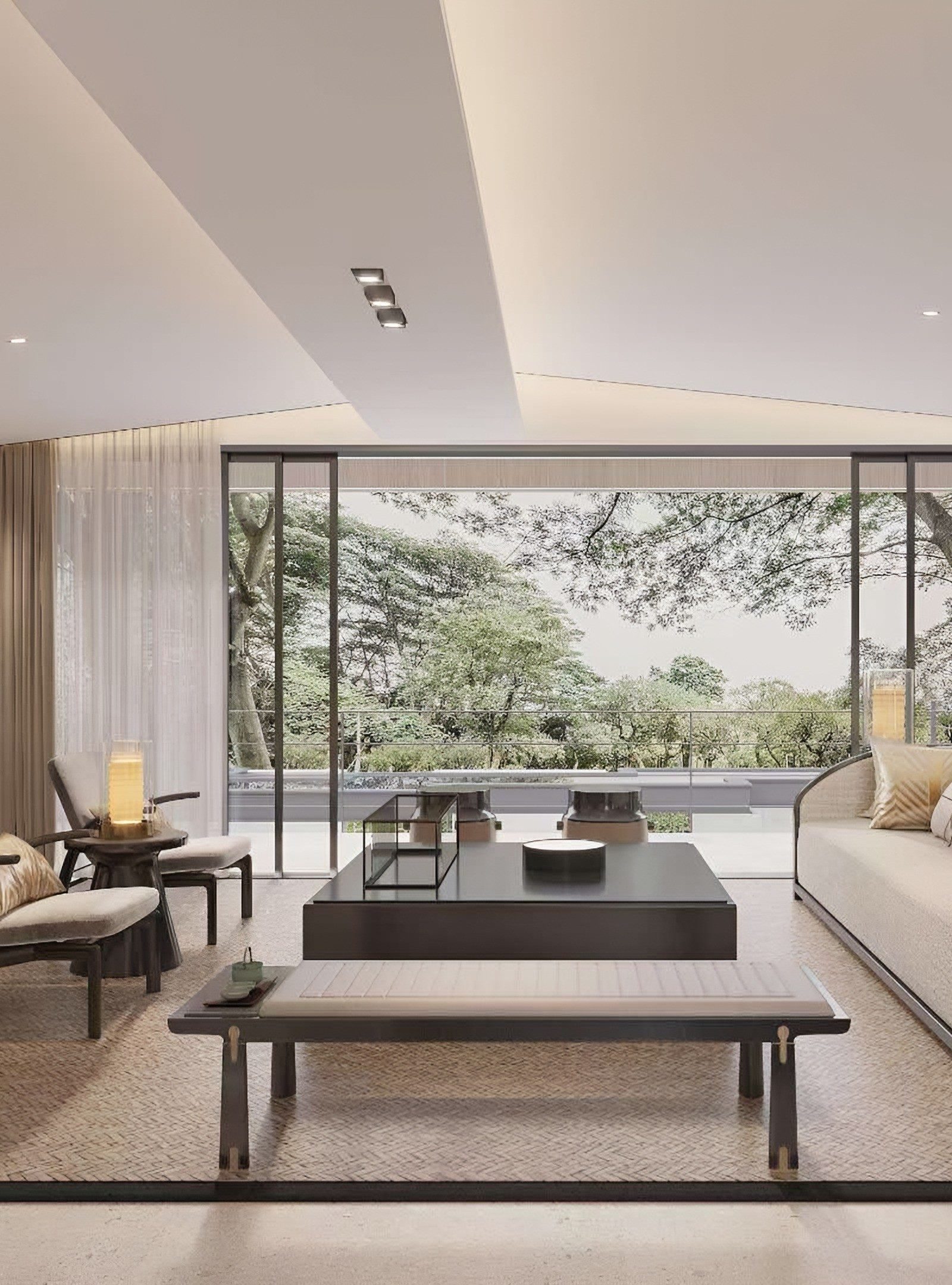 Living room opening onto woodland through full-height glazing, with backlit stone wall panels, a woven rug and low timber furniture
