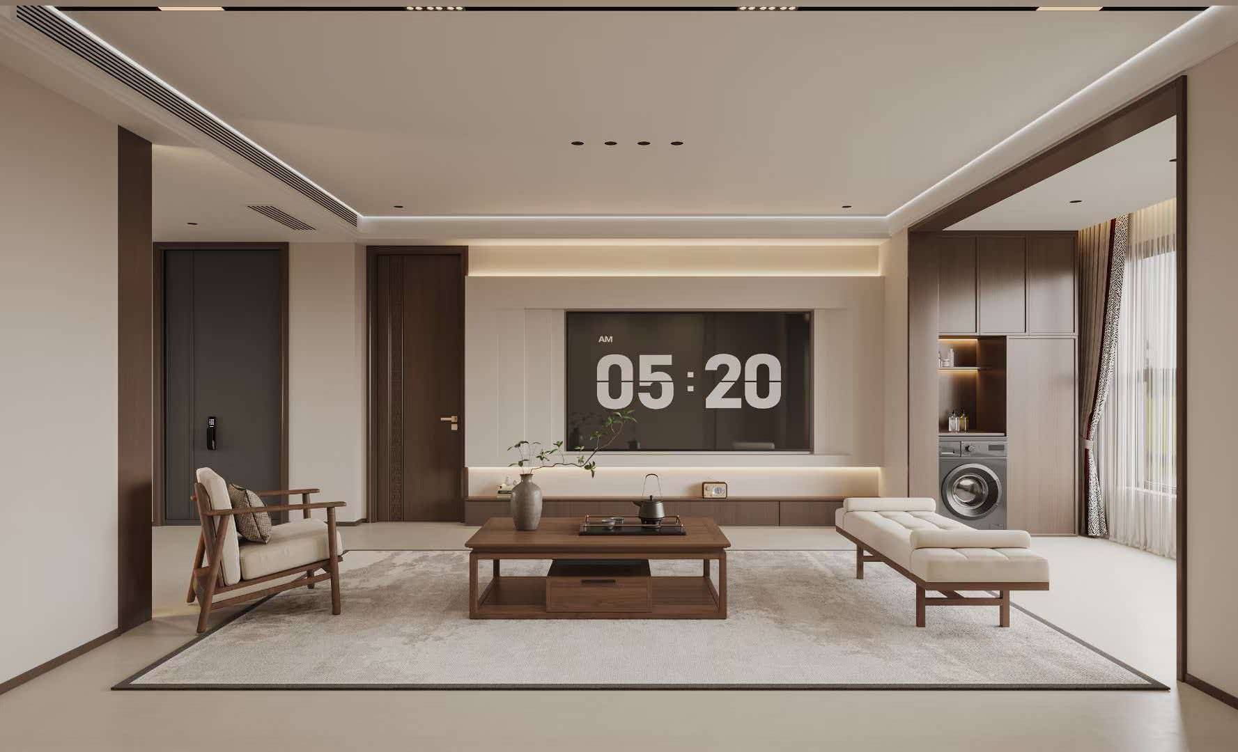 Living room in walnut and linen: a timber tea table, an armchair, an upholstered daybed and integrated walnut cabinetry