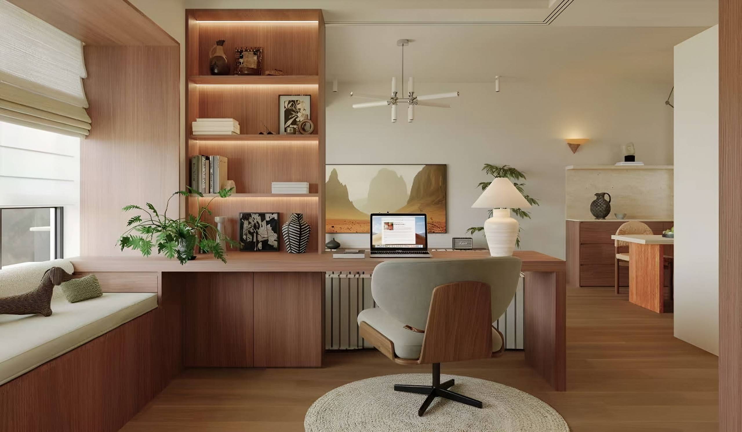 Study with oak shelving, a window seat, a built-in desk and a view through to the dining room