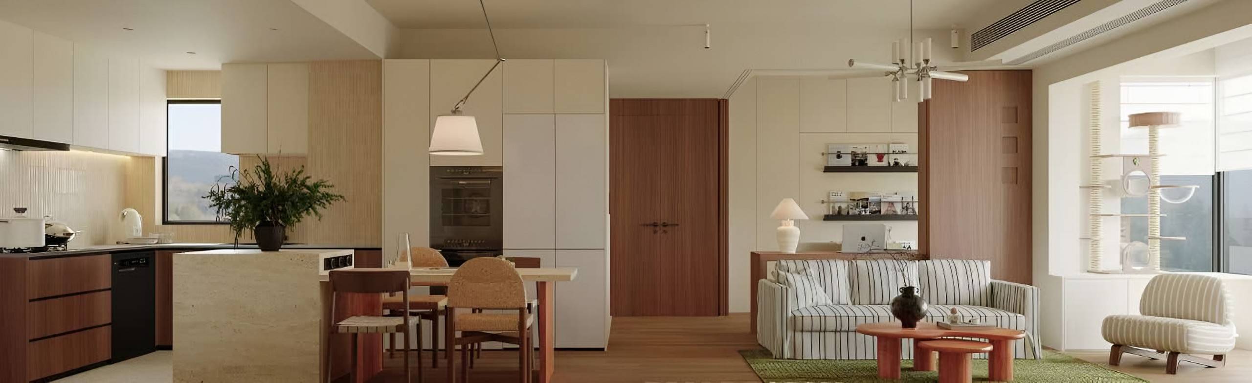 Open kitchen, dining and living spaces in pale oak and warm white