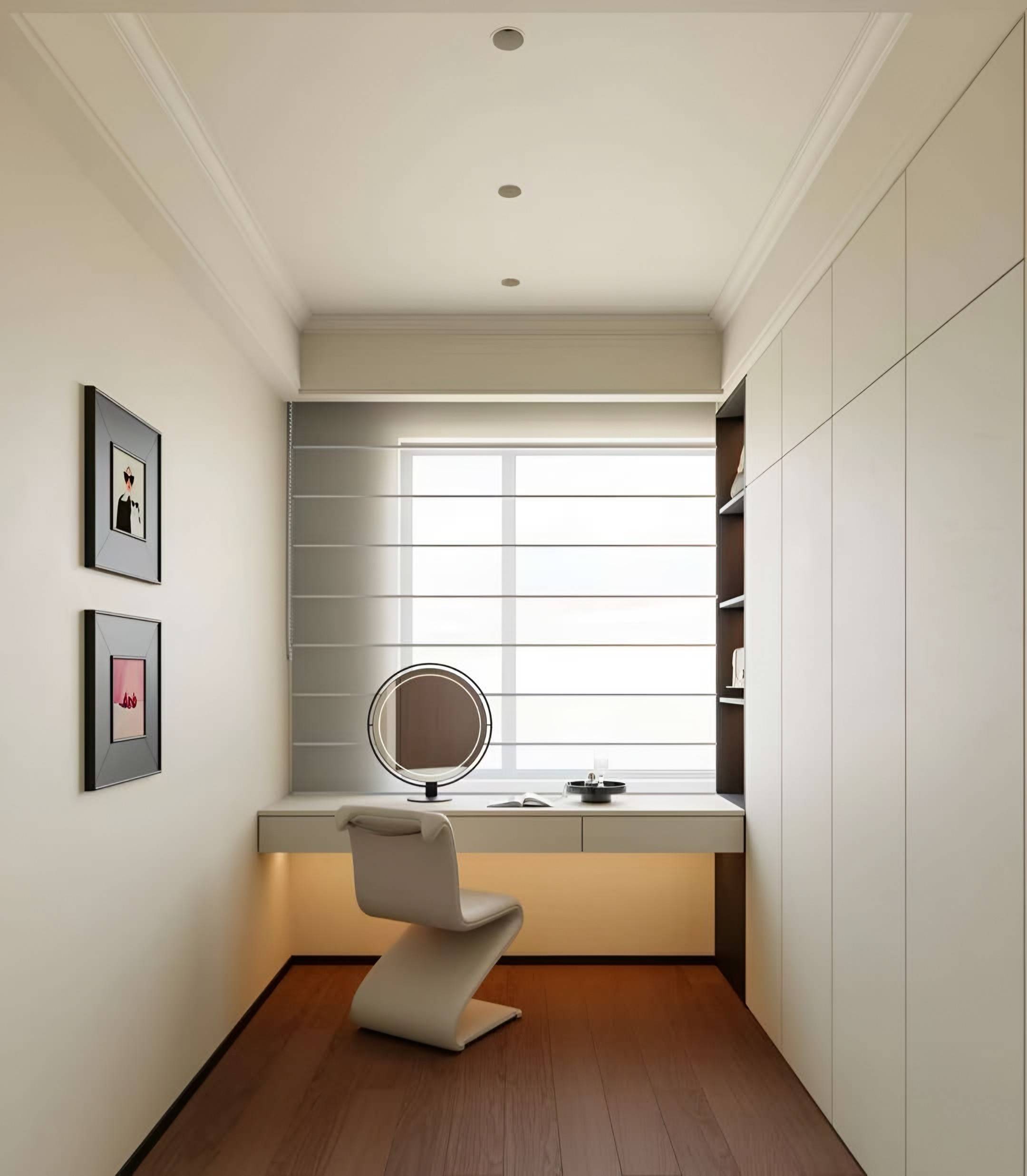 Compact study and vanity with a floating desk, a round mirror and full-height built-in wardrobes