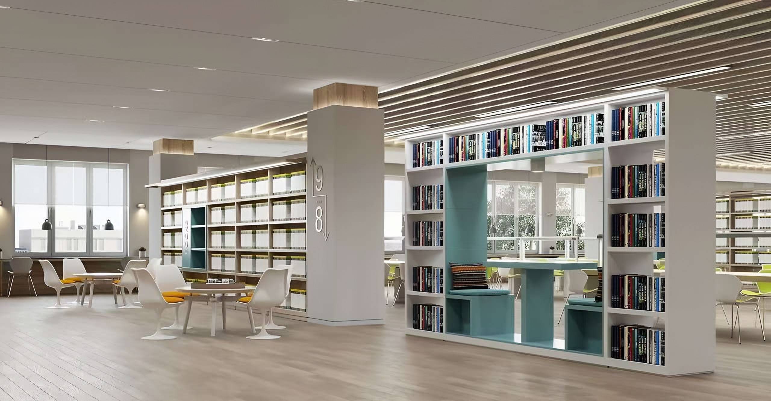 Library bookshelves with built-in reading nooks, timber-capped columns and a slatted ceiling