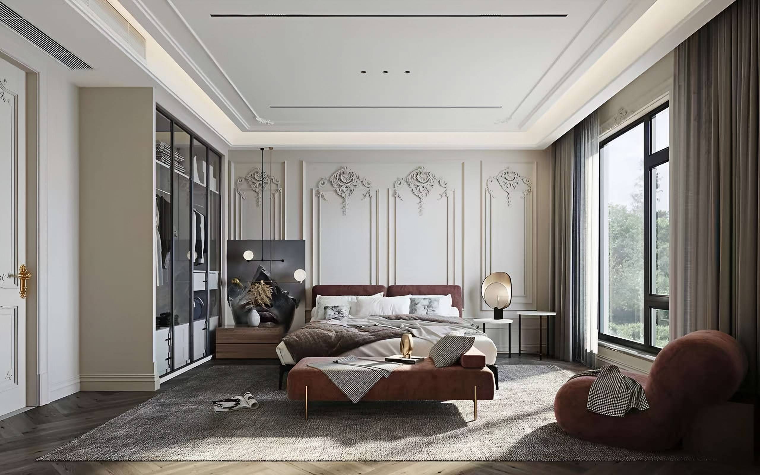 Bedroom with ornate plaster mouldings, a burgundy upholstered bed and bench, and a glass-fronted wardrobe