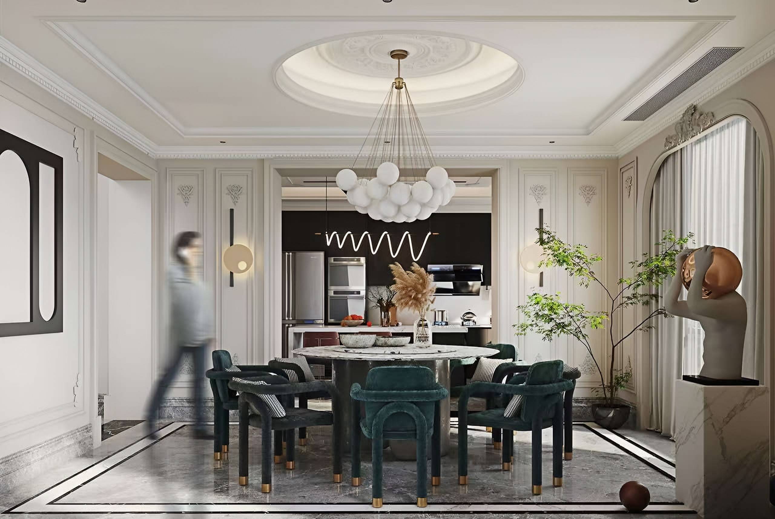 Dining room with green velvet chairs, a globe chandelier and panelled walls with plaster mouldings