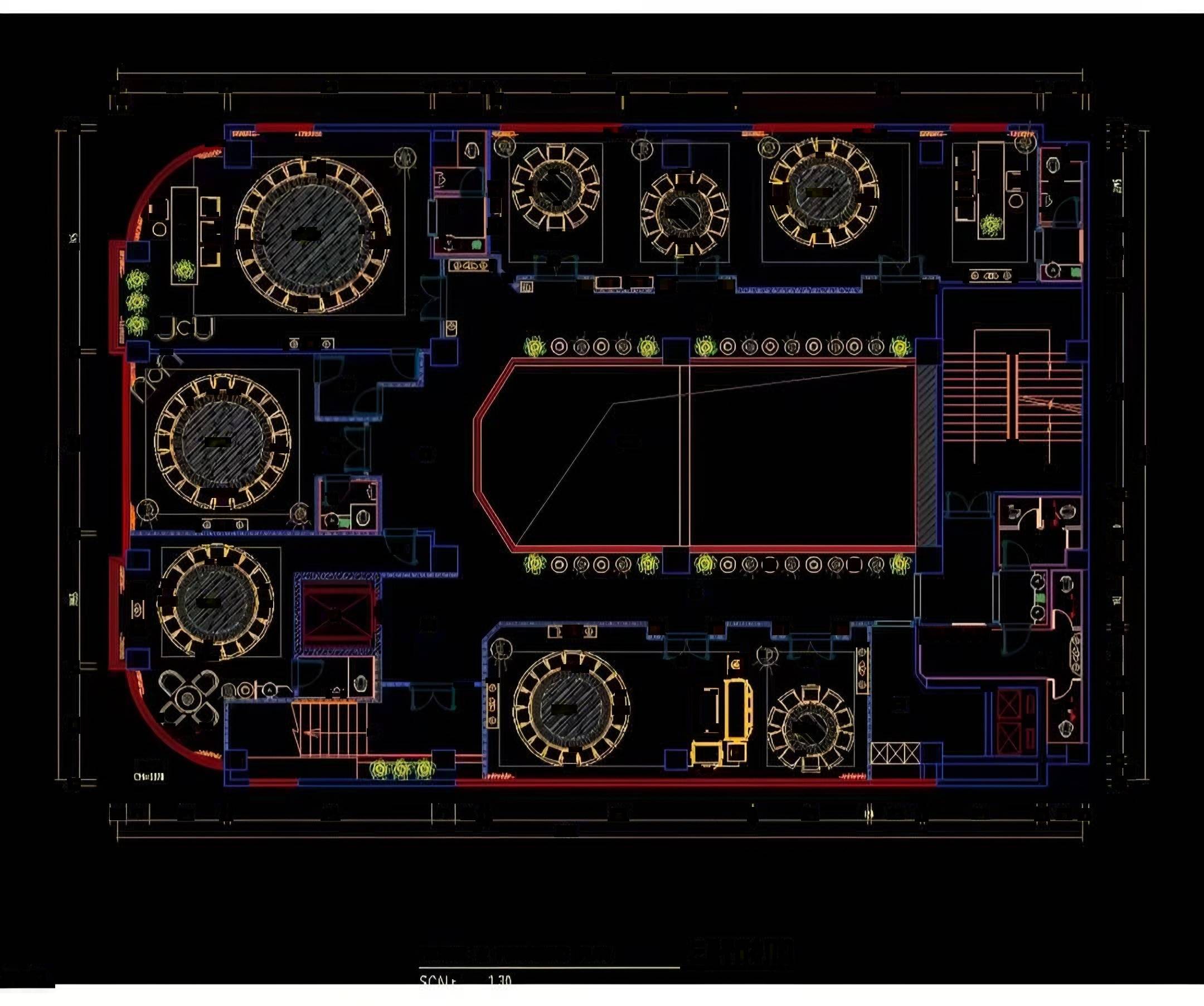 Furnishing plan of a private dining floor: private dining rooms with round tables arranged around a central void and stair